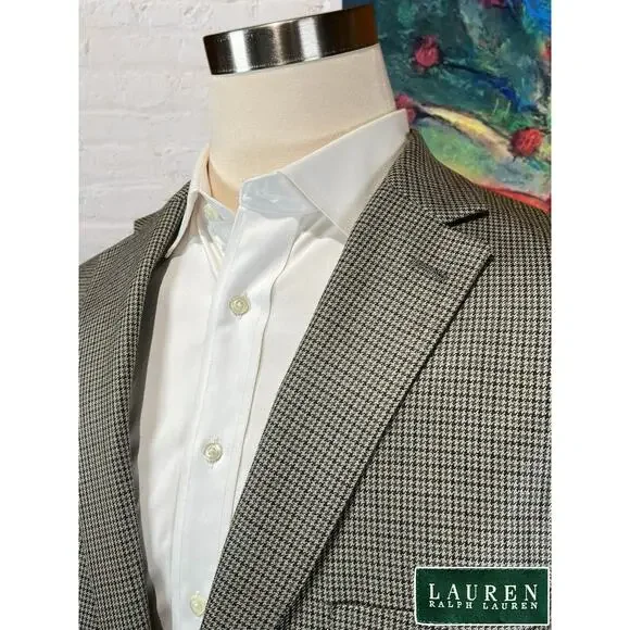 Ralph Lauren LRL Mens 48L Tan Brown Houndstooth Silk Wool Blazer Sport Jacket - Picture 4 of 14